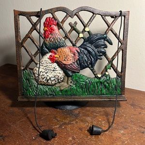 Vintage Unique Cast Iron Cookbook Stand w/Adjustable & Painted Chicken Scene